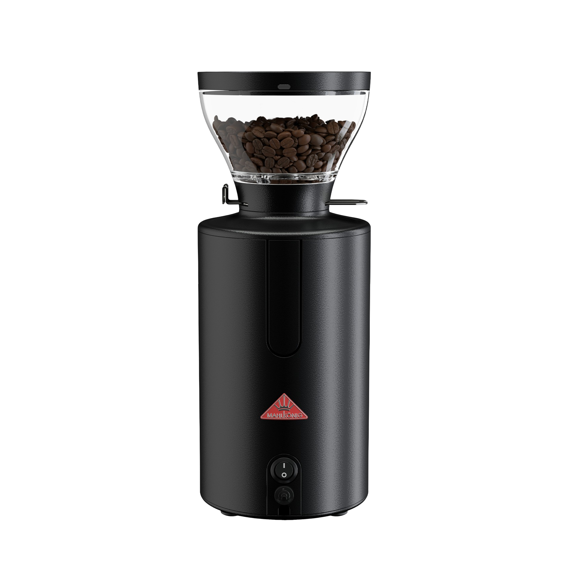Black coffee grinder with a clear container of coffee beans on a white background