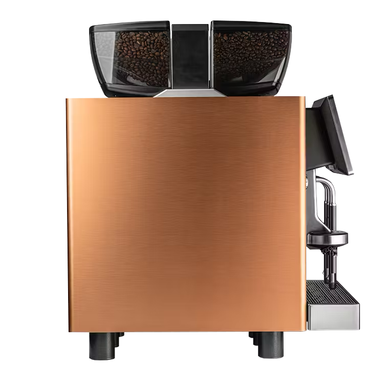 Copper espresso machine with coffee bean compartments on a white background