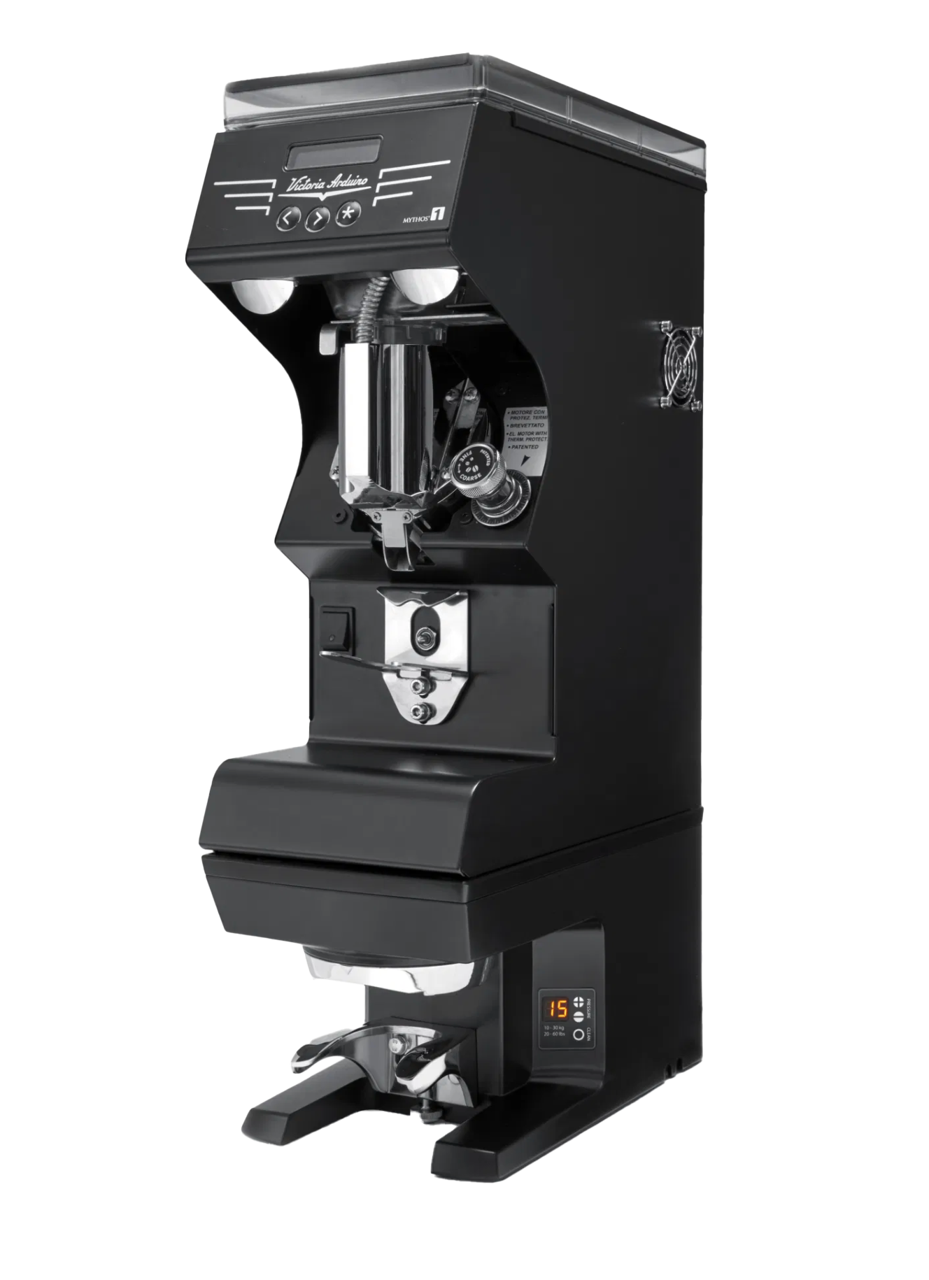 Full shot of black PUQ Press M2 integrated tamper for Mythos & Mythos 2 espresso grinders by Victoria Arduino & Nuova Simonelli