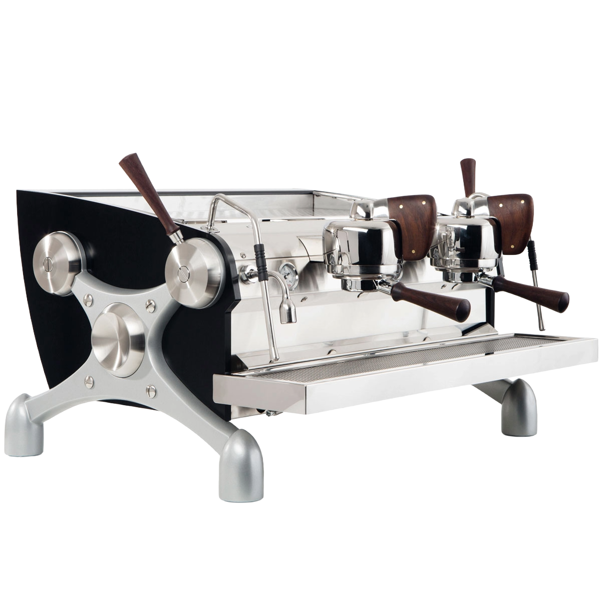 Slayer V3 Espresso machine with metallic finish and wooden handles on a white background