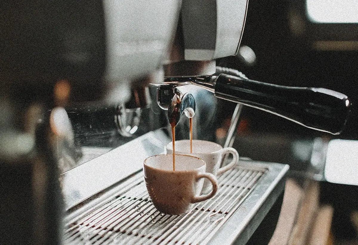 Espresso being poured from a machine into two cups on a metal tray - visit better brands co. equipment consignment program
