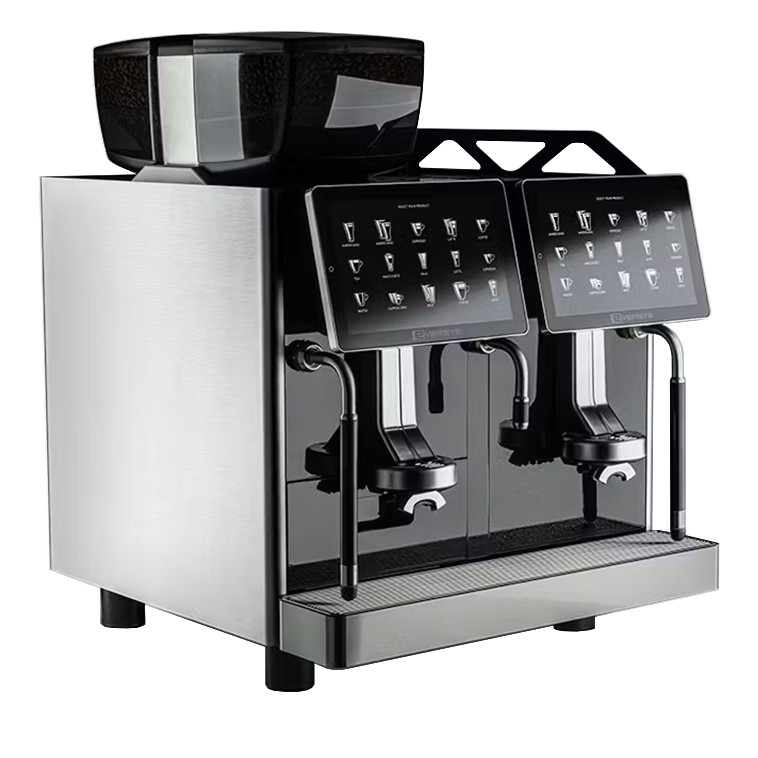 Commercial coffee machine with digital displays on a white background