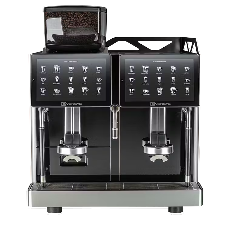 Commercial coffee machine with bean hopper and digital displays on a white background
