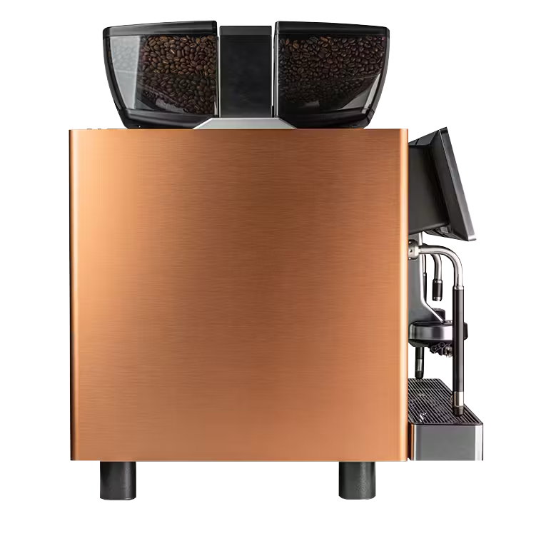 Copper coffee machine with black bean containers on a white background