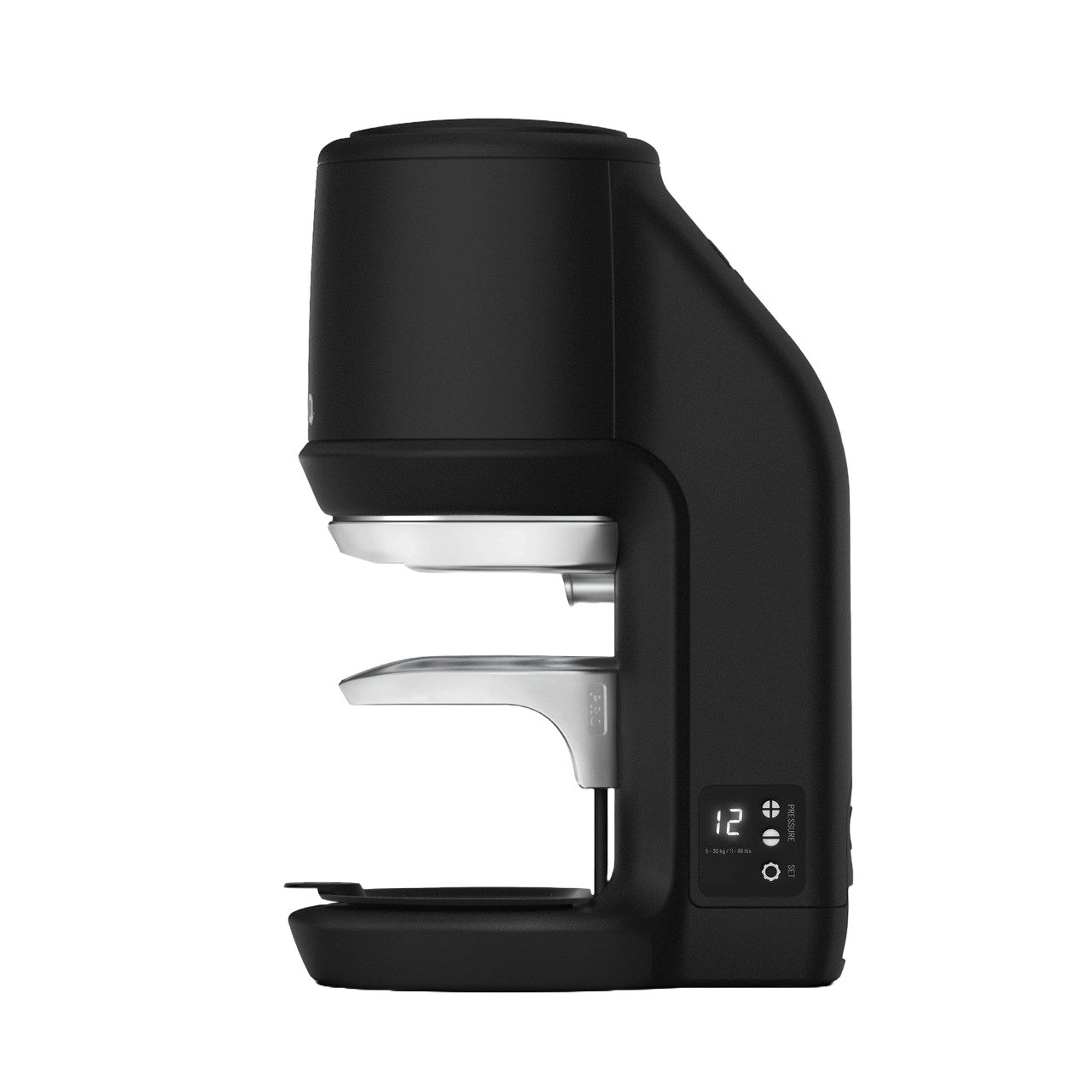 Side of black PUQpress Pro Gen 6 automatic tamper for espresso machines