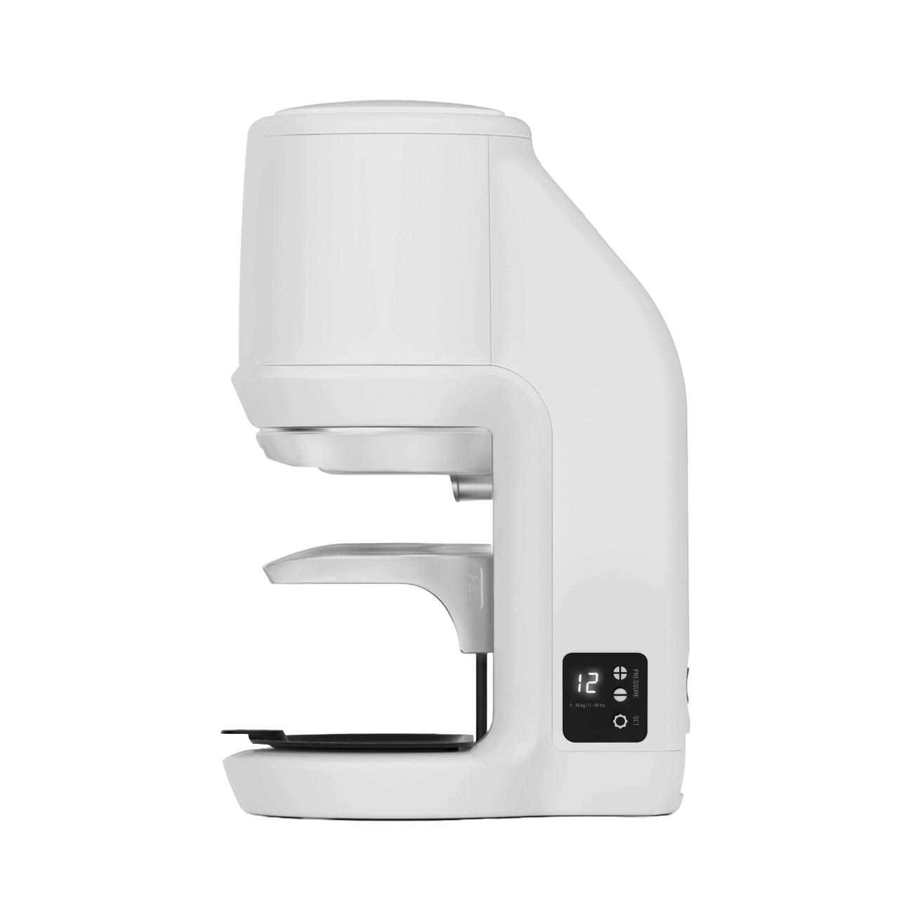 Side of white PUQpress Pro Gen 6 automatic espresso tamper for high volume cafes & coffee shops.