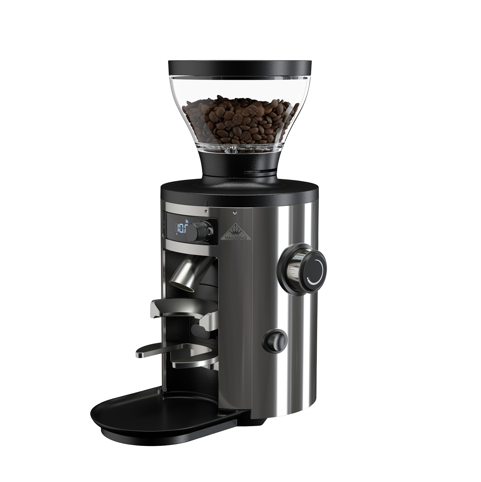Black and silver professional grade at home coffee grinder with flat burrs
